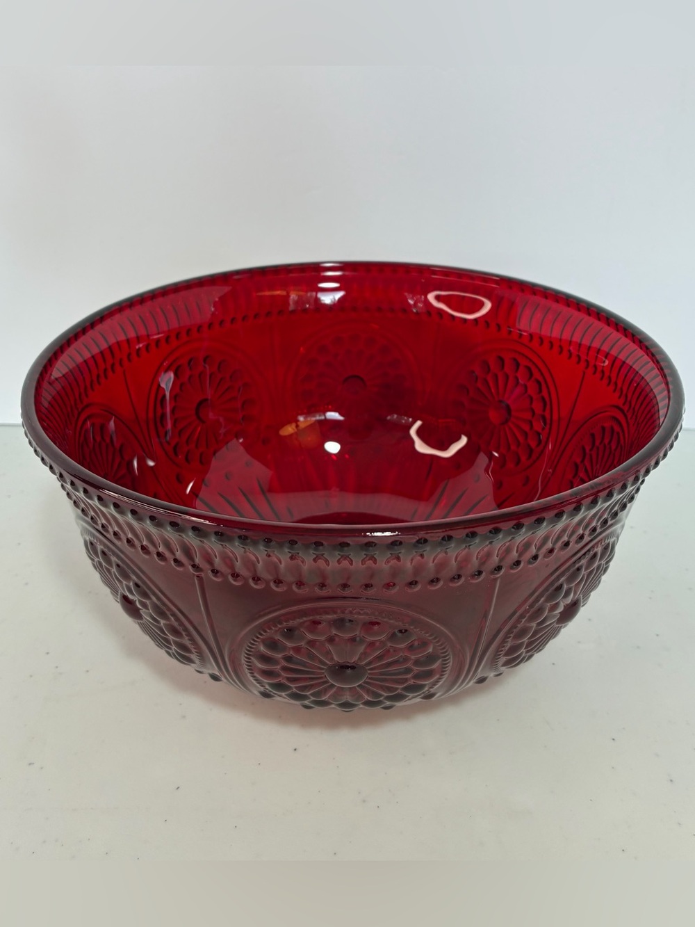 Pioneer Woman Glass Lg Serving Bowl Adeline 9" Ruby Embossed Floral Red Retired